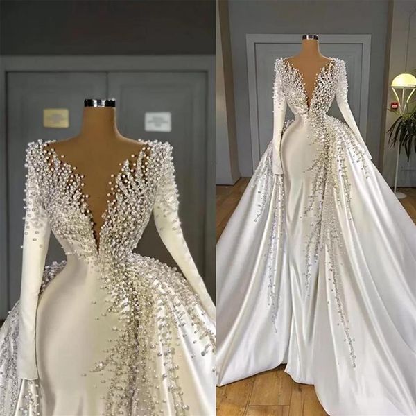Perles de luxe robes de mariée sirène avec surjupe perles col en V à manches longues robes de mariée élégante robe de mariée robes de mariee2659