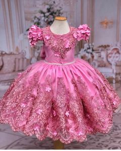 Robe de bal rose de luxe robe de fille de fleur perles enfants robes de concours d'anniversaire avec arc enfants enfant en bas âge bébé robes d'invité de mariage