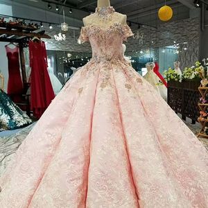 Luxe roze baljurk Prom jurken van de schouder kant geappliceerd kralen jurk avondkleding plus size op maat gemaakt nieuwe formele feestjurken