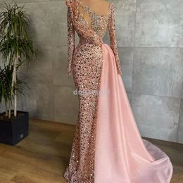 Luxe Roze Kralen Mermaid Avondjurk Lange Mouwen Geappliceerd Prom-jurken met Trein Celebrity Dames Party Draag EE