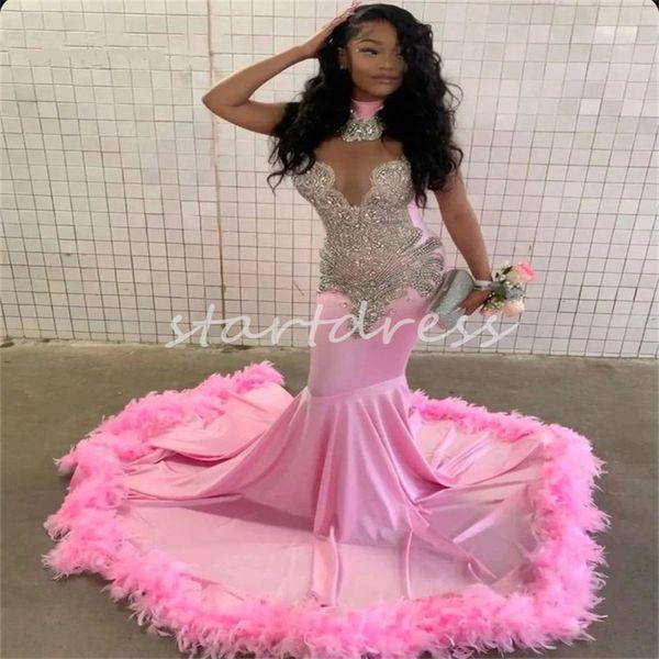 Robe de bal en cristal rose de luxe pour femmes noires, élégants robes de soirée sirène avec plumes riches en queue de poisson à nou