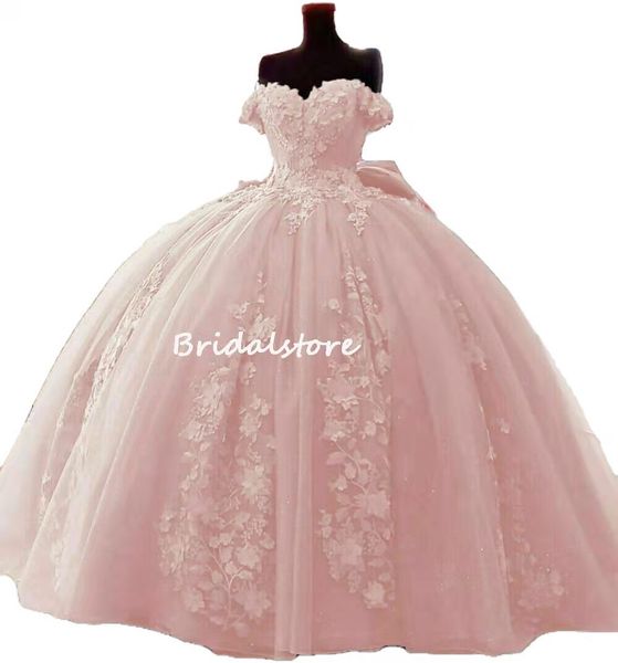 Lujo rosa polvoriento azul Quinceañera vestidos Charro Puffy tul floral vestido de fiesta vestido de fiesta con gran lazo fiesta de cumpleaños dulce 16 vestidos con cuentas fuera del hombro