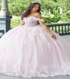 Luxe roze bloemen Quinceanera -jurken 2024 Glam Feather Vestido de 15 XV Anos Appliques Elegant formeel zestien verjaardagsfeestje Pageant -kleding Para Vestios de 15 anos