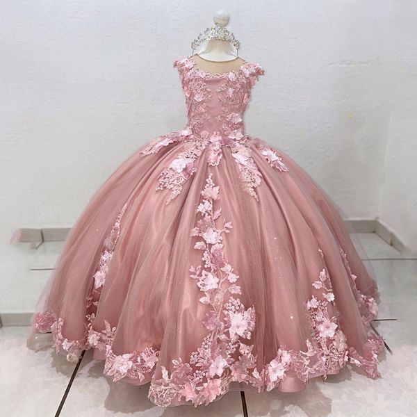 Vestido de lujo rosa con flores para niñas, apliques de borlas con cuentas, vestido de baile de 3 flores, exquisito corsé de primera comunión para cumpleaños