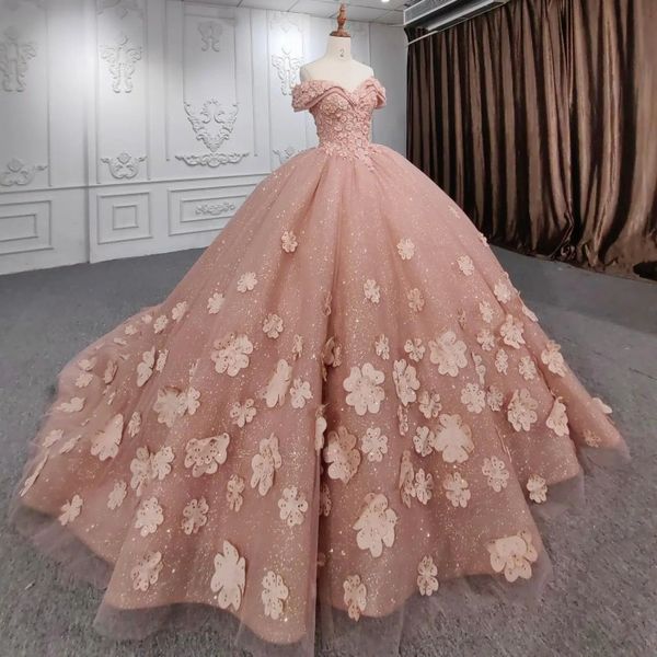 Luxe Rose Scintillant De Luxe Quinceanera Robes Applique 3D Fleurs Hors Épaule Robes De 15 Anos Fête D'anniversaire Robe De Bal