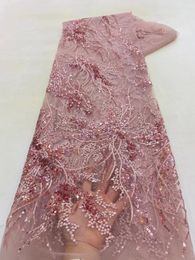 Luxury Pink High Quality French Tulle Net Sequins Fabric en dentelle African Lace Fabric 5 yards pour le Nigeria Mariage Robe Party 240429