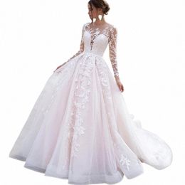 Luxe Roze Lg Mouwen Bruiloft Dr Baljurk Kant Applicaties O-hals Butt Koninklijke Trein Bruid Toga Vestido De Novia Princ J6CP #