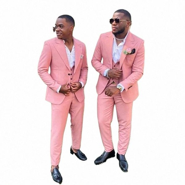 Costume de luxe rose pour hommes, ensemble complet de mariage, simple boutonnage, revers formel, veste, pantalon, gilet, blazer slim, E2mK #