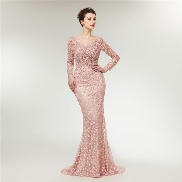 Luxe rose sirène manches longues perles cristal perles dentelle broderie femmes robe de soirée formelle robes de soirée