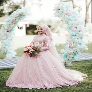 Luxe Roze Moslim Islamitische Trouwjurk 2024 Hoge Kraag Lange Mouwen Kanten Baljurken Bruidsjurk Tule Kant Landelijk Bruidsjurken Vestidos Noivas Robe De Mariee Chic