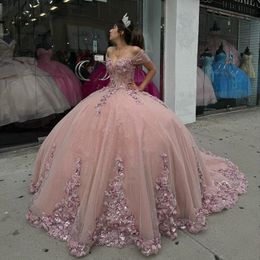 Luxe Roze Off-shoulder Quinceanera Jurken Baljurk Applicaties Kant Bloem Kralen Sweet 16 Jurk Feestjurken Lace-Up vestidos de 15