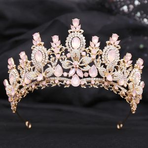 Lujo rosa ópalo reina real corona de boda Rhinestone cristal nupcial diadema desfile tocado novia tiara accesorio de joyería para el cabello 240305