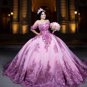Luxe Roze Quinceanera Jurk 2024 Applique Kant Kralen Tull Prinses Baljurk Sweet 15 Vestidos De XV Anos Party Gown