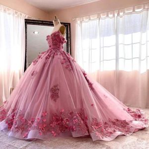 Luxe Rose Quinceanera Robes 3D Fleurs Appliques Perles Paillettes Hors Épaule Chérie Robes De Bal Princesse Graduation Prom Sweet 16 Robe Robes De 15 Ans
