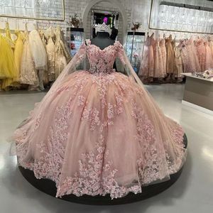 Luxe roze Quinceanera -jurken voor zoete 16 meisjes Appliques 3d Flowers Assepoester 15 Verjaardagsfeestje Balljurken Vestido de XV Anos Custom Made Made