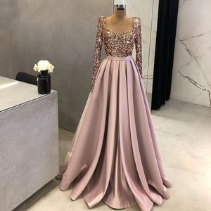 Luxe rose paillettes corsage a-ligne manches longues robe de soirée pour les femmes chérie tache bal robes de soirée robes de soirée