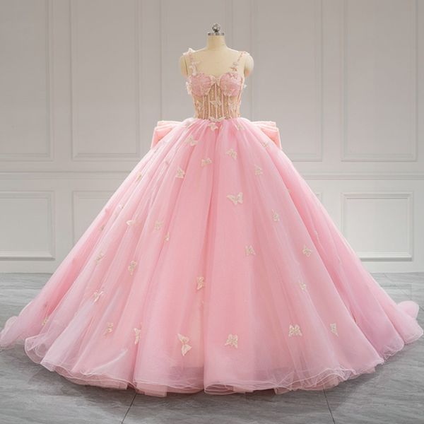 Rose rose rose brillant princesse quinceanera robes spaghetti perle perle arc tull fête robe élégant 16 sweet vestido de 15