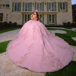 Luxe rose brillant Quinceanera robe épaule dentelle appliques perles Tull doux robes 15 De XV Anos XV Brithday doux 16 robe