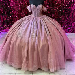 Luxe rose brillant Quinceanera robes 2024 perles cristal Tull chérie princesse douce 15 16 ans robe de fête d'anniversaire cadeau vestidos de 15