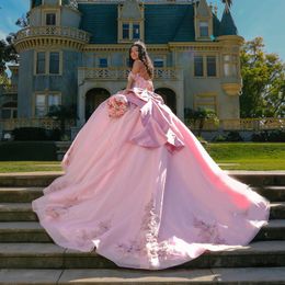 Luxe rose brillant chérie Quinceanera robe de soirée 2024 fleurs perlée robe de bal longueur de plancher balayage Train arc robe de bal
