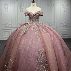 Luxe Rose Brillant Chérie Quinceanera Robes Hors Épaule Robe De Bal Corset Robe De Fête D'anniversaire Applique Dentelle Perles Robes De 15