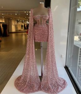 Luxe Roze Korte Gala Verjaardagsjurk 2024 Pure Hals Pailletten Kralen Avond Formele Verlovingsjurken met Kapmouwtjes Arabisch Dubai Robe De Soiree