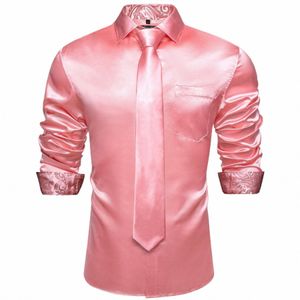 Chemises de smoking de bal en satin extensible rose de luxe pour hommes fête de mariage Dr chemise Lg haut à manches avec cravate vêtements de sport N6GU #