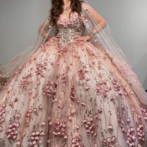 Luxe Roze Sweet 16 15 Jurken Quinceanera Jurk 3D Bloemen Applique Kristal Met Cape Bal Rok Vrouwen Gelegenheid Party Prom jurk