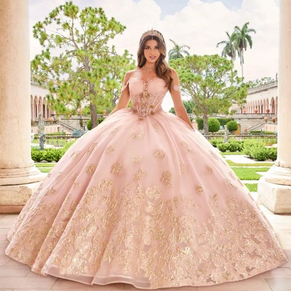 Vestido para quinceañeras De lujo, color rosa, con escote corazón, flores doradas, cuentas, vestido De fiesta De princesa, 15 Vestidos De fiesta De XV Anos, 2024