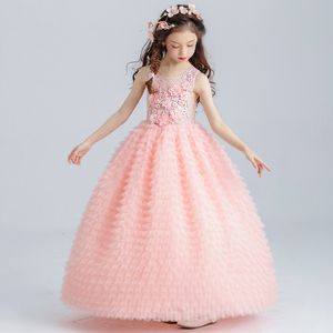 Robe de fille de fleur en tulle rose de luxe robe de mariée pour enfants longueur cheville appliques perle robe de bal de fête pour enfants robes de première communion