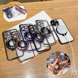 Support de support d'anneau transparent de placage de luxe magnétique pour étuis de chargement sans fil Magsafe avec lentille d'appareil photo en verre TPU souple pour iPhone 15 14 13 12 11 Pro Max XR X 8 7 Plus