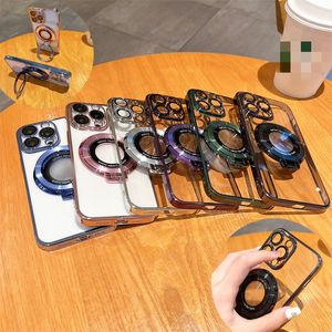 Luxe Plating Helder Draaibare Ring Beugel Stand Magnetisch Voor Magsafe Cases Met Camera Lens Glas Film Bescherming Harde PC Cover voor iPhone 15 14 13 12 11 Pro Max