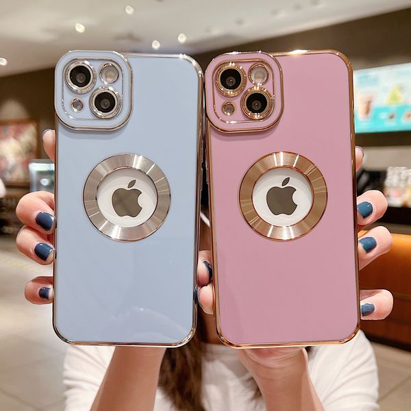 Cajas galvanizadas con revestimiento de lujo Vista de logotipo Agarre suave Protección de cámara de TPU suave Cubierta protectora a prueba de golpes para iPhone 13 Mini 12 11 Pro Max XS XR X 7 8 Plus SE2 SE3