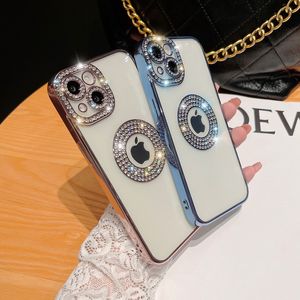 Luxe plating glitter diamant heldere kisten met cameralens beschermer geëlektroplateerd charme logo gat hollow uit transparante deksel voor iPhone 14 13 12 11 pro max max