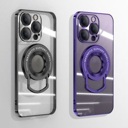 Funda de soporte de anillo de 360 grados transparente HD chapada de lujo para iPhone 15 14 13 12 11 Pro Max Plus cubierta de soporte de armadura híbrida a prueba de golpes