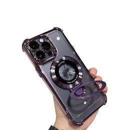 Étui de téléphone magnétique de placage de luxe pour MagSafe avec étuis de support en métal pour iPhone 15 11 12 13 14 Pro Max Plus couverture transparente anti-chute aux quatre coins