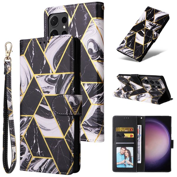 Funda de teléfono con tapa de mármol con revestimiento de lujo para iPhone 15 14 13 12 Pro Max Samsung Galaxy S23 S24 Ultra S23FE A15 5G A34 A54 A74 A24 Cuerda Múltiples ranuras para tarjetas Cartera de cuero Shell