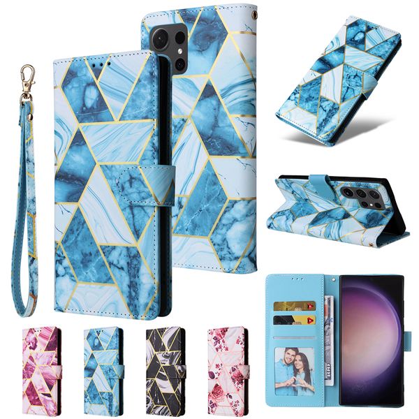 Funda de lujo para teléfono con revestimiento de mármol en folio Vogue para iPhone 15 Plus 14 13 12 11 Pro Max Samsung Galaxy S23 Ultra Pulsera con múltiples ranuras para tarjetas Cartera de cuero con soporte