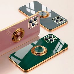 Luxe Plating Siliconen Telefoon Gevallen voor iPhone 13 12 11 PRO MAX XS XR X 7 8 Plus iPhone12 12Pro Ring Houder Stand Volledige Magnetische Goud Geklakte Cover