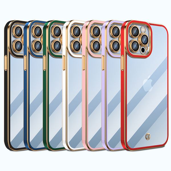 Étuis de luxe en TPU souple transparent plaqué 6D, protection d'objectif d'appareil photo transparent, couverture antichoc en caoutchouc pour iPhone 14 13 12 Mini 11 Pro Max XR XS X 8 SE2