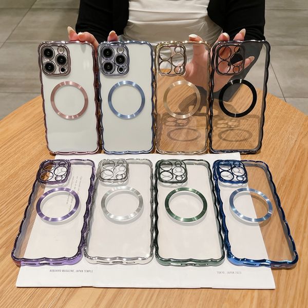 Estuches laterales de onda de revestimiento de lujo para iPhone 15 14 Pro MAX Plus 13 12 11 Imán de carga inalámbrica Magnético Bling Cromado Suave TPU Metálico Claro Transparente Piel de agujero fino