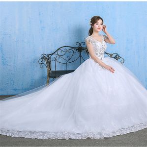 Luxe plus size trouwjurk elegante kanten appliques v-neck beading jurken kristal veter omhoog witte vestido de noiva