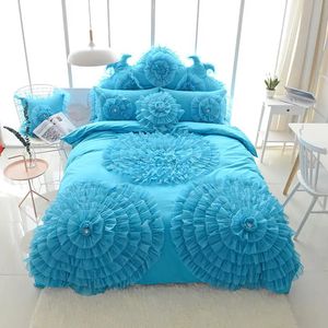 Ensembles de literie princesse de luxe Style coréen fleurs en dentelle bleue housse de couette jupe de lit couvre-lits coton couleur unie Textile à la maison 240318