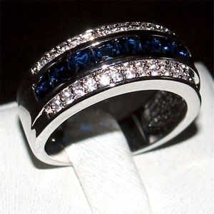Luxe princesse-coupe bleu saphir pierres précieuses anneaux mode 10KT or blanc rempli de bijoux de bande de mariage pour hommes femmes taille 8,9,10,11,12