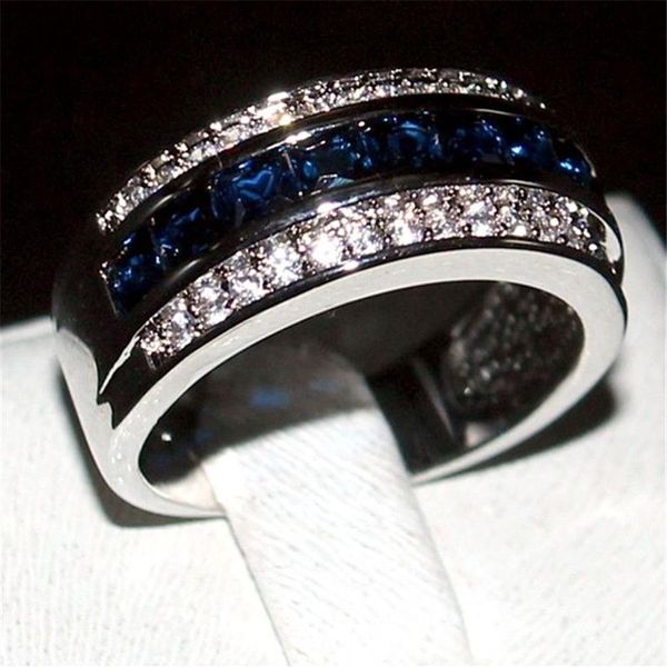 Bagues de luxe en saphir bleu taille princesse, bagues de mariage en or blanc 10 carats, bijoux pour hommes et femmes, taille 8 9 10 11 205q