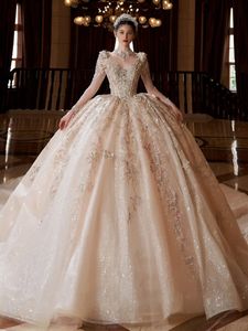 Luxe prinses Dubai Arabische baljurk trouwjurken Nieuwe plus size sweeting Backless Sweep Train glanzende jurk bruidsjurken blingbling korrelende pailletten Wed Dress