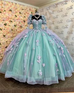Luxe princesse manches bouffantes Quinceanera robes 3D fleurs robe de bal robe d'anniversaire à lacets perlé doux 16 robes robe en tulle