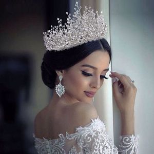 Corona de boda de diamantes de imitación de princesa de lujo corona de tiara de desfile de plata coronas de novia elegantes accesorios para el cabello de boda con pendientes