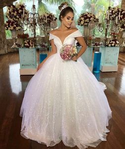 Luxe princesse paillettes robes de mariée 2020 hors épaule brillant robe de bal Robe de mariée à lacets longue Vestido de Noiva Robe De Mariee