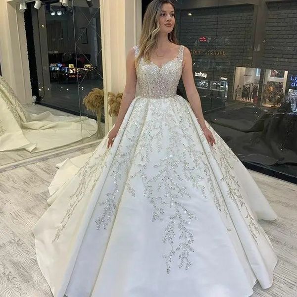 Robe de mariée princesse de luxe 2024 romantique chérie bandoulière paillettes brillantes dentelle satin robes de mariée princesse sur mesure robe de novia